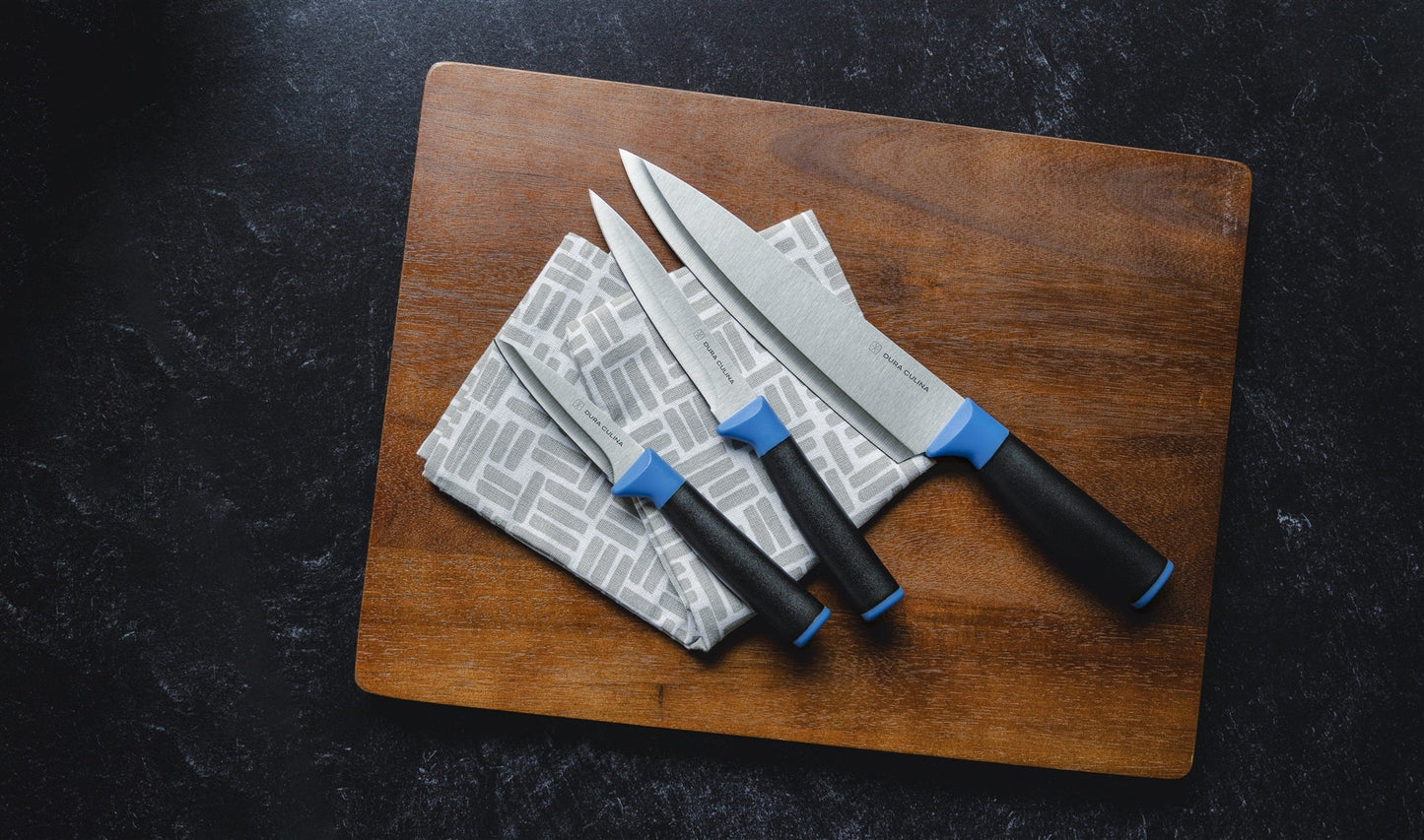 Duo-Grip 3 Piece Kitchen Knife Set With Blade Guards, Blue