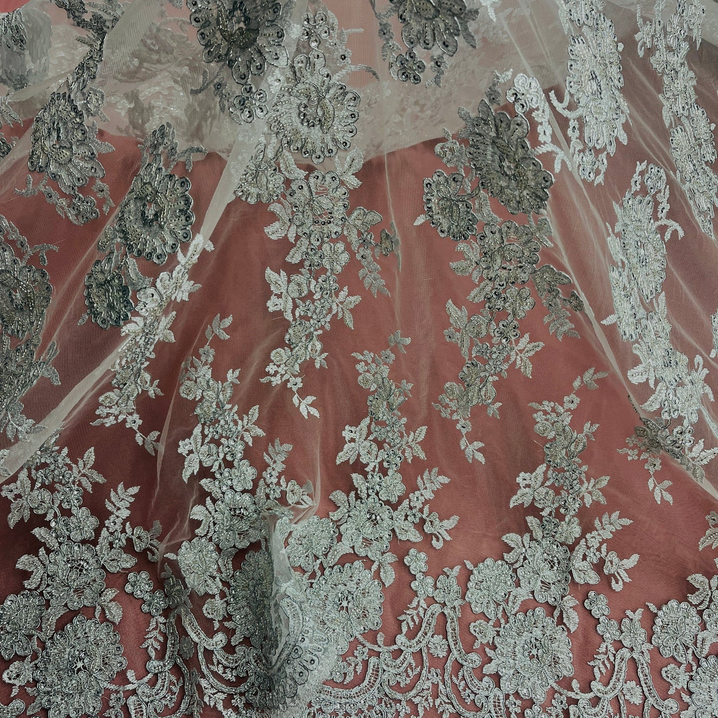 Beaded & Corded Bridal Lace Fabric Embroidered on 100% Polyester Net Mesh | Lace USA - 96989W-HB